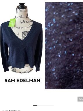 SAM EDELMAN LUREX SHIMMERING V NECK LONG SLEEVE SWEATER DARK BLUE SMALL